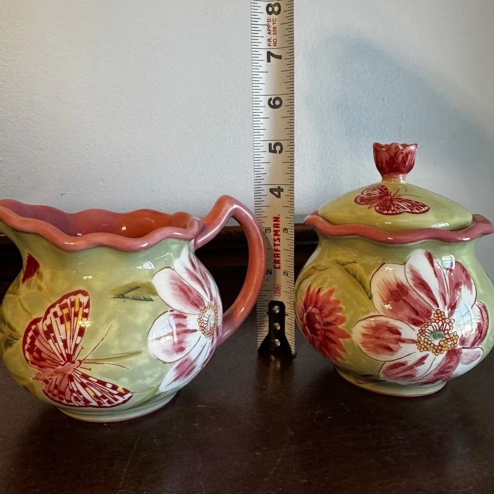 April Cornell Ceramic Sugar Creamer Green Pink Butterfly Lidded Sugar Bowl Set